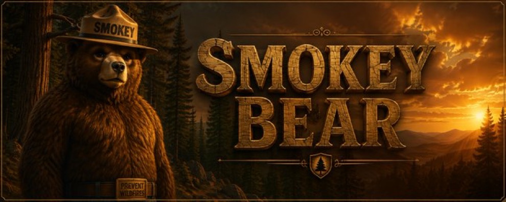 Cinematic Smokey Bear banner with wooden Smokey Bear lettering at sunset
