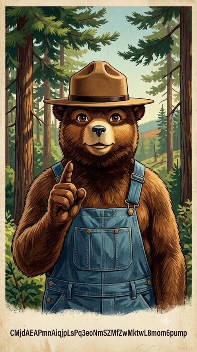 Vintage illustration of Smokey Bear in his ranger hat and denim overalls, one finger raised in the forest